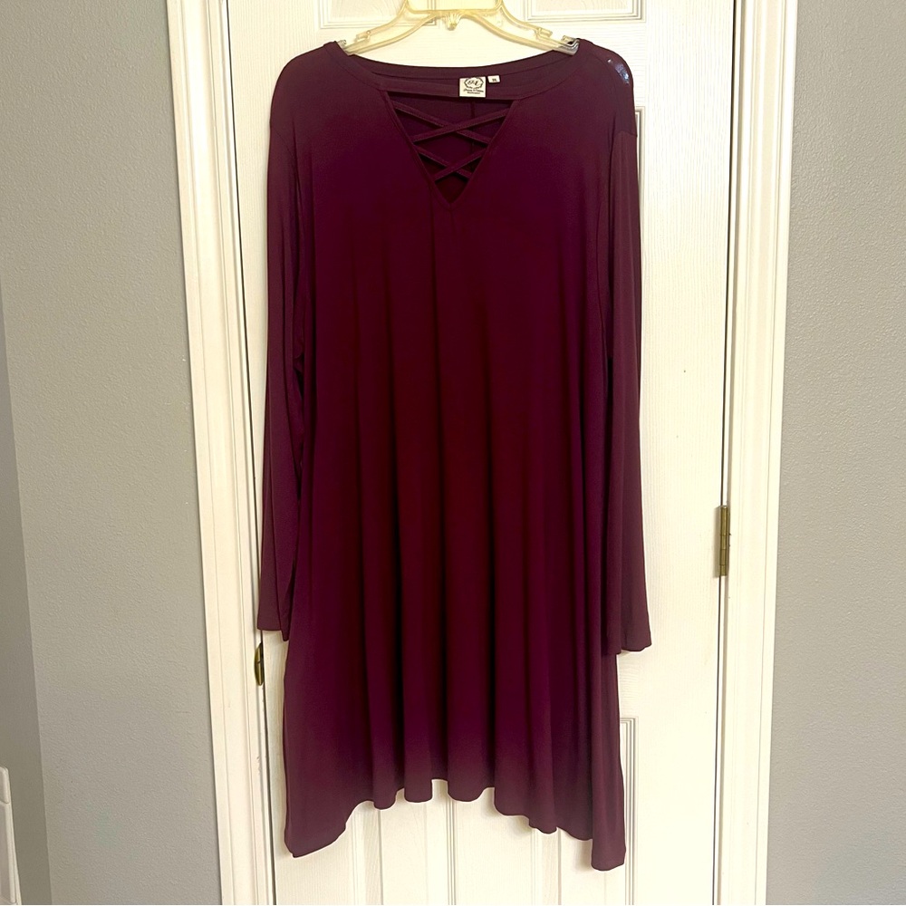 Ladies maroon boutique dress; Grace & Emma size 2X; cotton, polyester, spandex